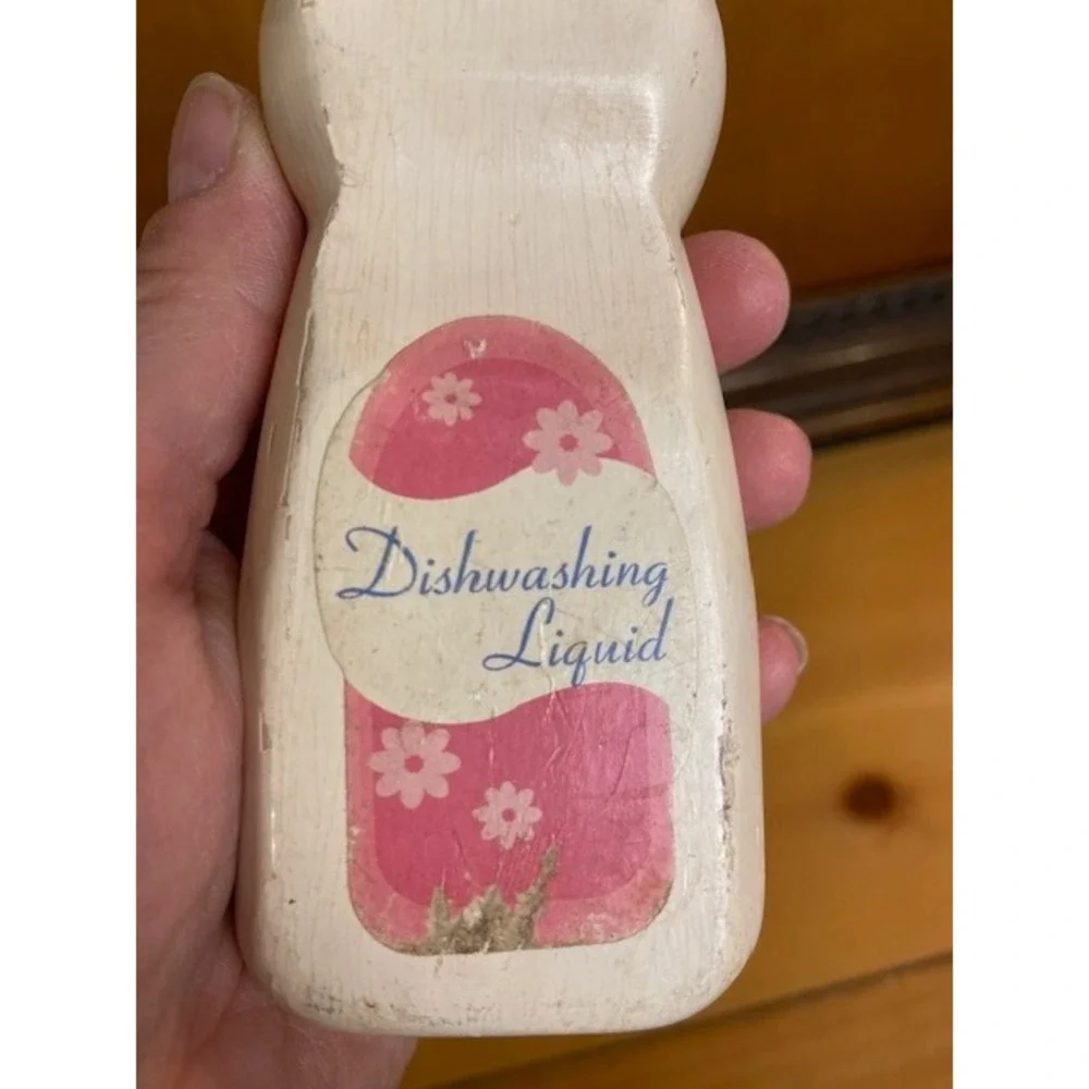 Vintage Wooden Play Food Dish Soap Bottle Pink Floral Label Kitchen Toy 5 Inch